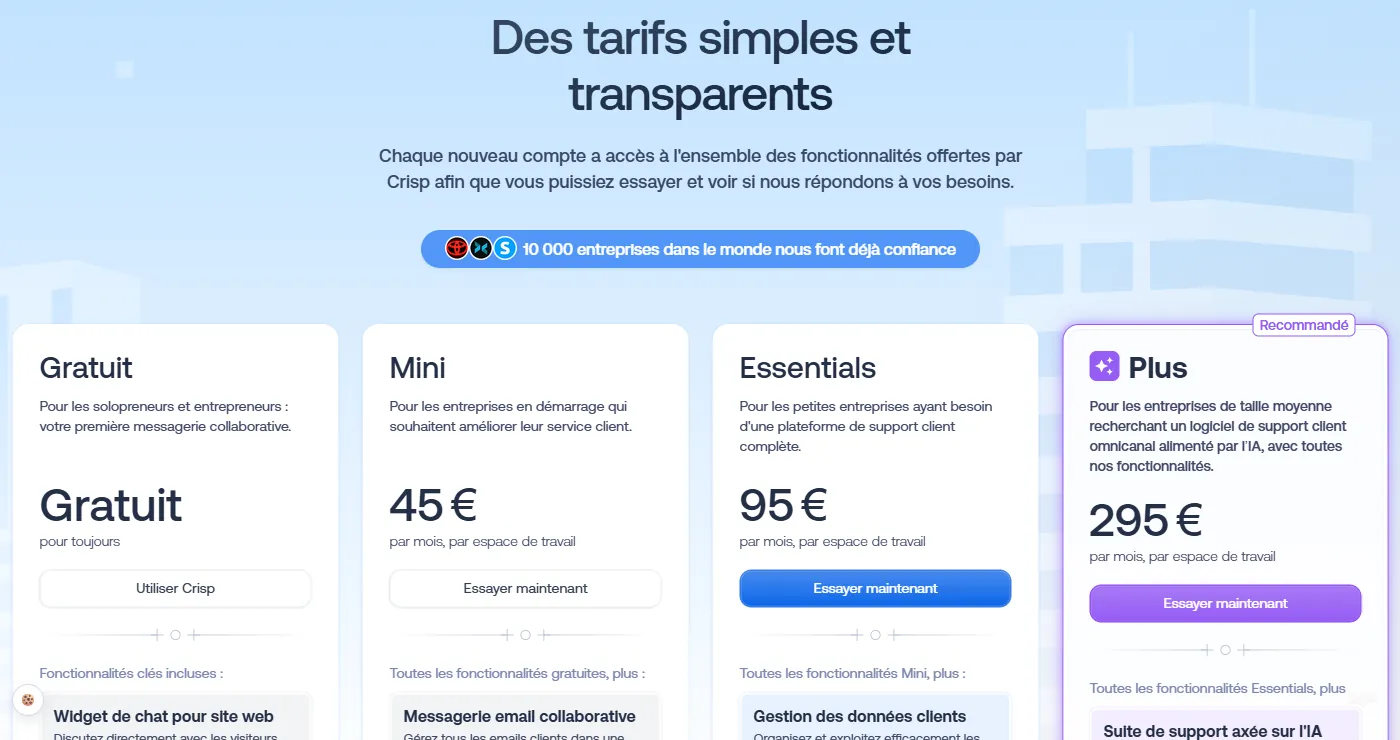 Grille tarifaire de Crisp en euros, du forfait gratuit à l'offre Plus à 295 € par mois et par espace de travail