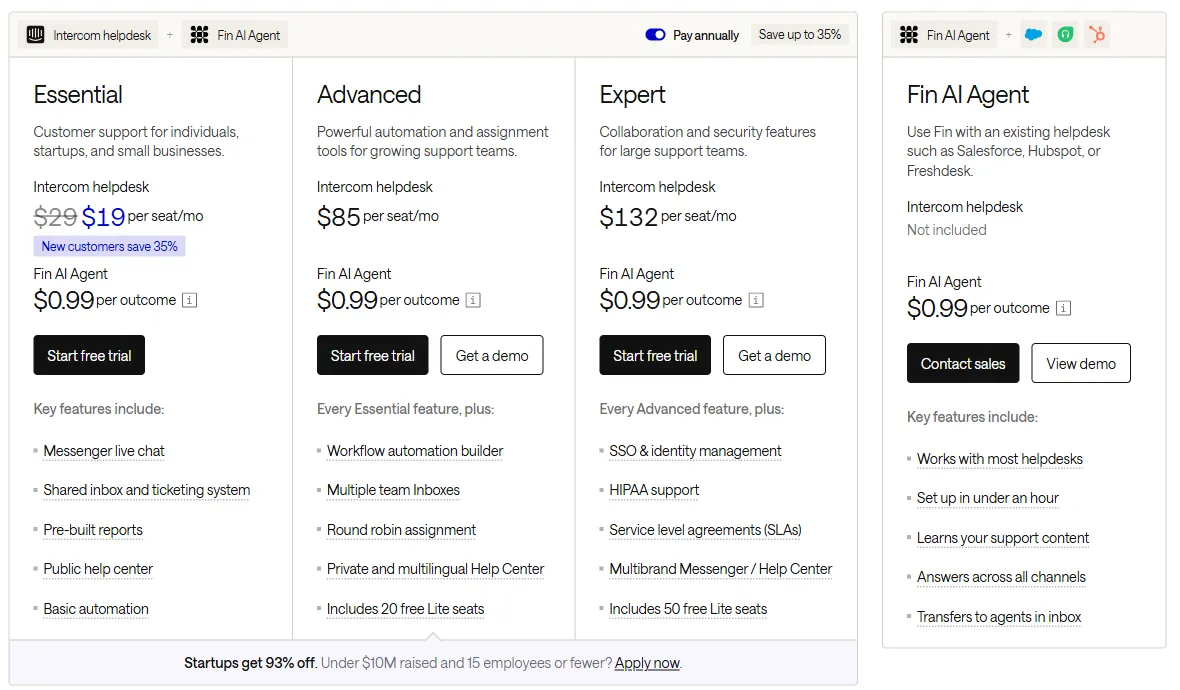 Intercom pricing page with Essential, Advanced and Expert seat prices and Fin AI Agent at $0.99 per outcome