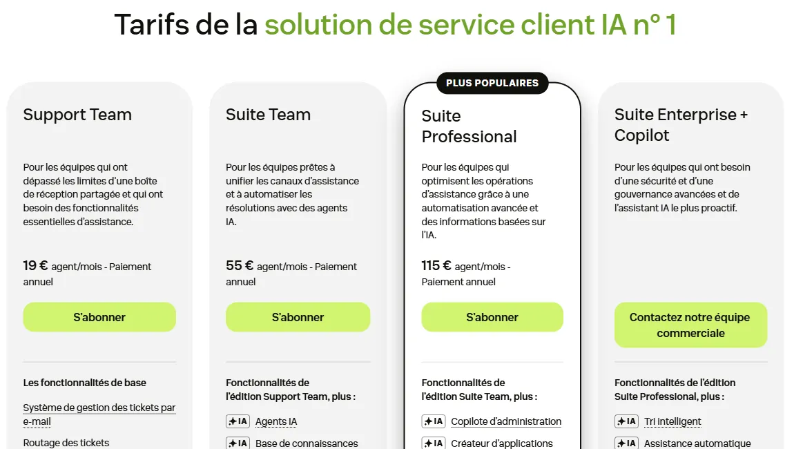 Grille tarifaire de Zendesk en euros, de Support Team à 19 € à Suite Professional à 115 € par agent et par mois